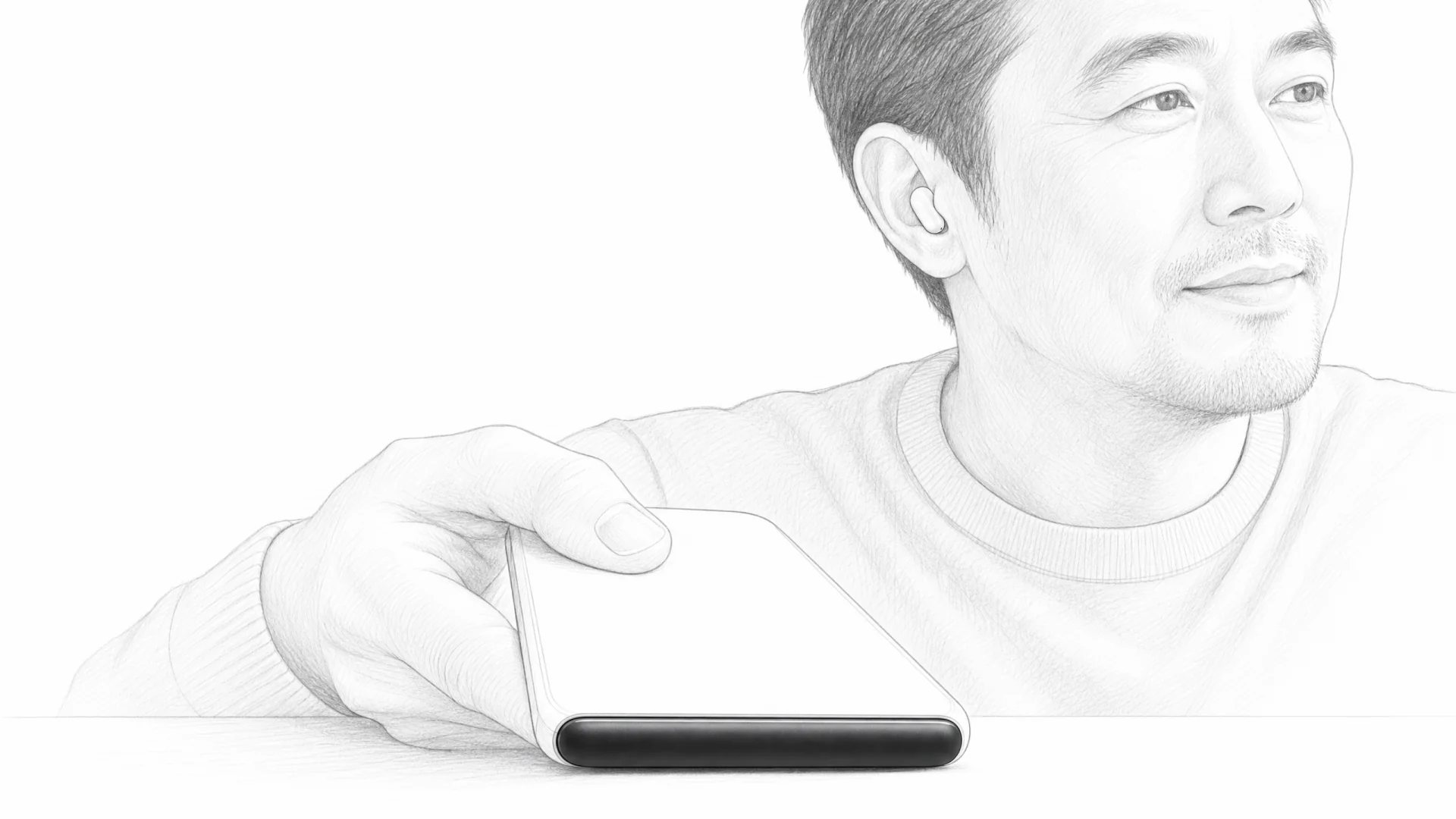 Pencil sketch: a man on a call with an earbud in, holding his phone, with a slim attachment along its end.