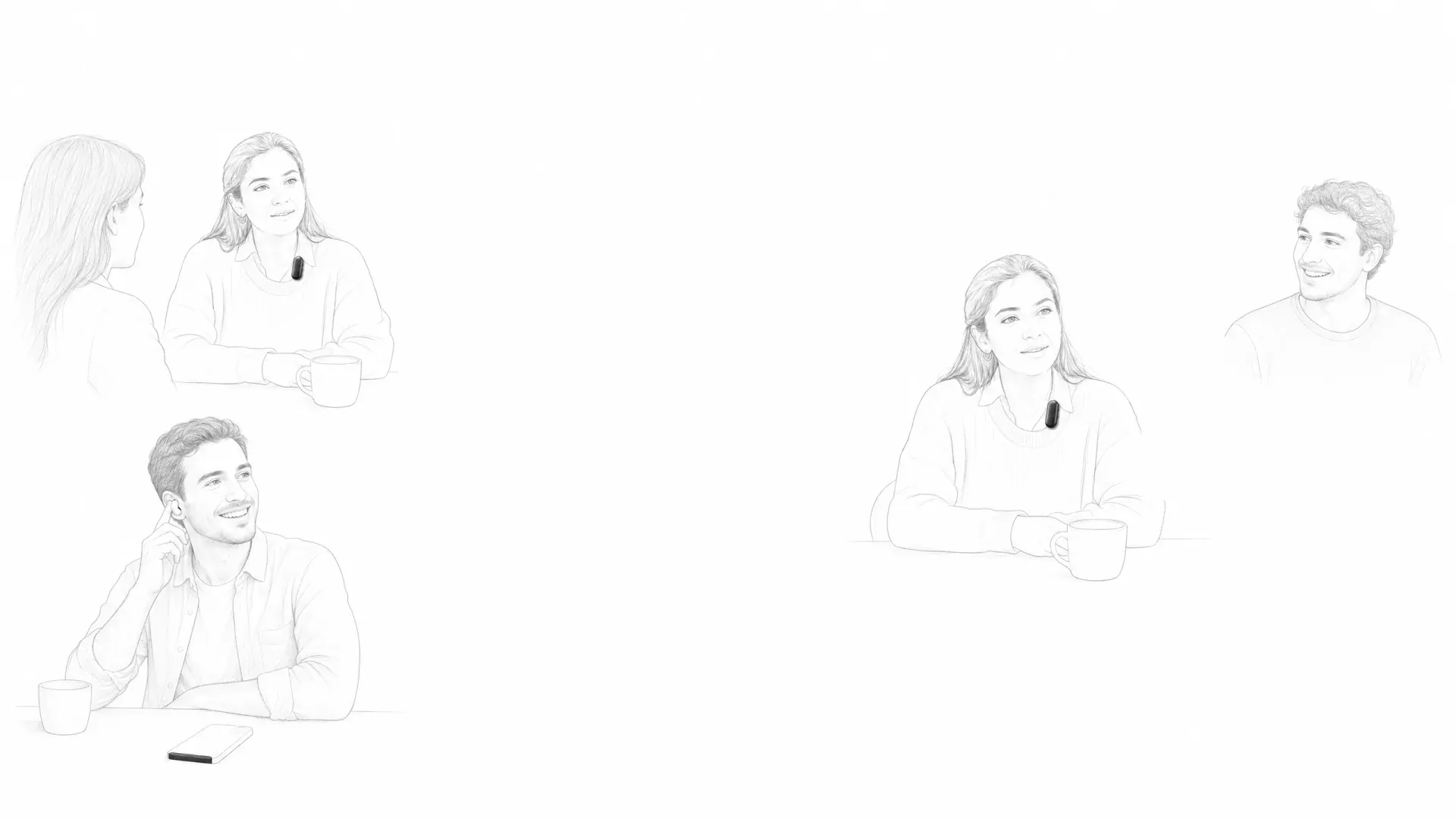 Pencil sketch: people talking in person and on a call flow into Meetly on a phone, your memory, which you then share with a colleague or with your AI agent, such as ChatGPT or Claude, which carries it on to tools like Slack, Figma, Notion, Linear and Google Drive.