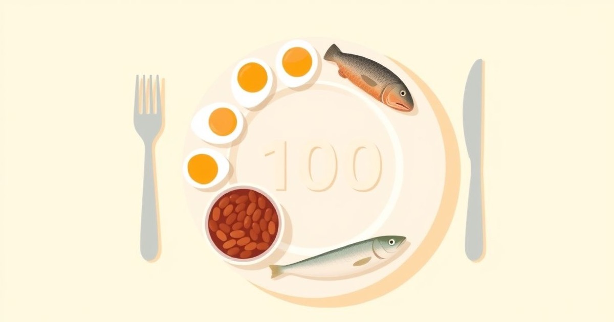 Minimalist illustration of a plate with eggs, yogurt and beans arranged around the number 100