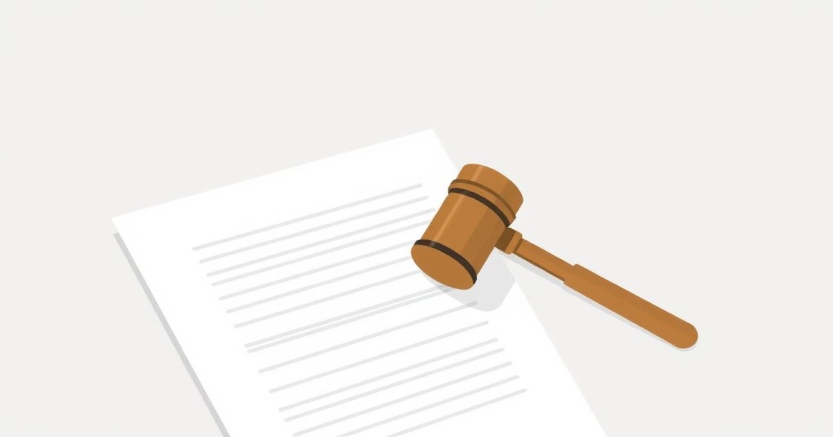 Minimalist illustration of a meeting transcript document beside a gavel
