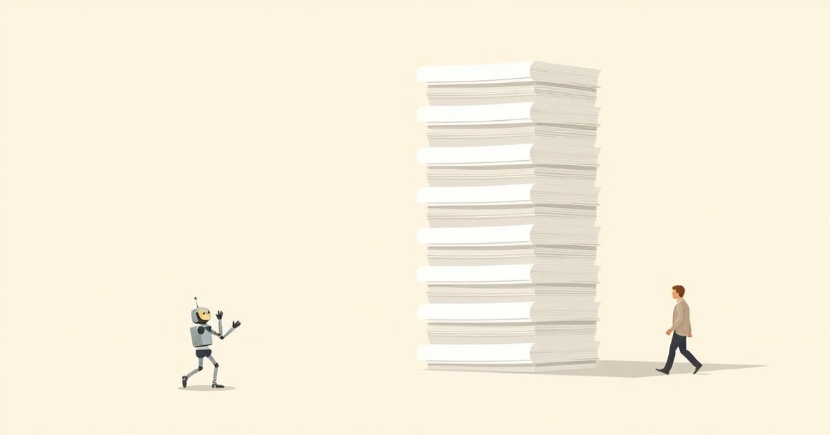 Minimalist illustration of a robot cheerfully stacking documents onto a towering pile while a person walks away without looking