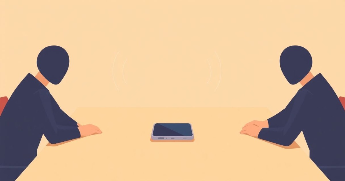 A smartphone lying on a conference table between two people talking, with sound waves turning into tidy lines of text