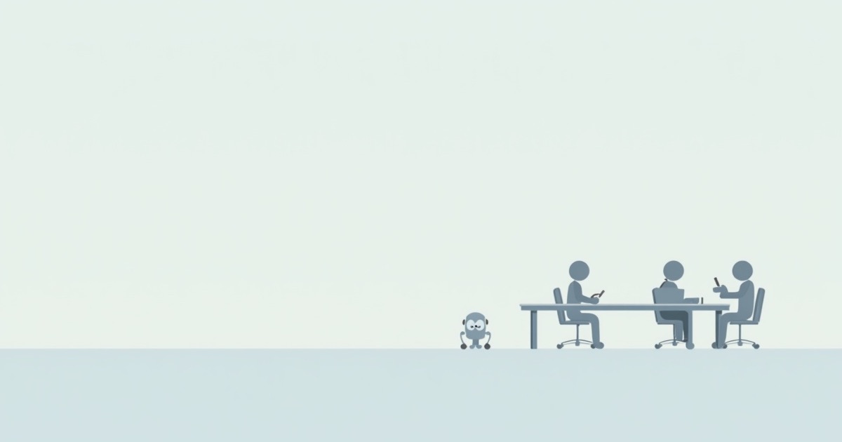 Ilustração minimalista de uma mesa de reunião com um robô não convidado fazendo anotações silenciosamente no canto