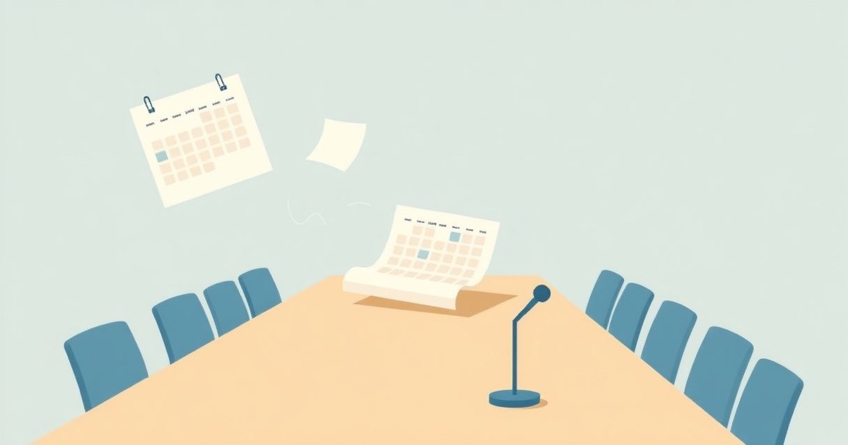 Minimalist illustration of a calendar page blowing away from a conference table while a microphone stays put