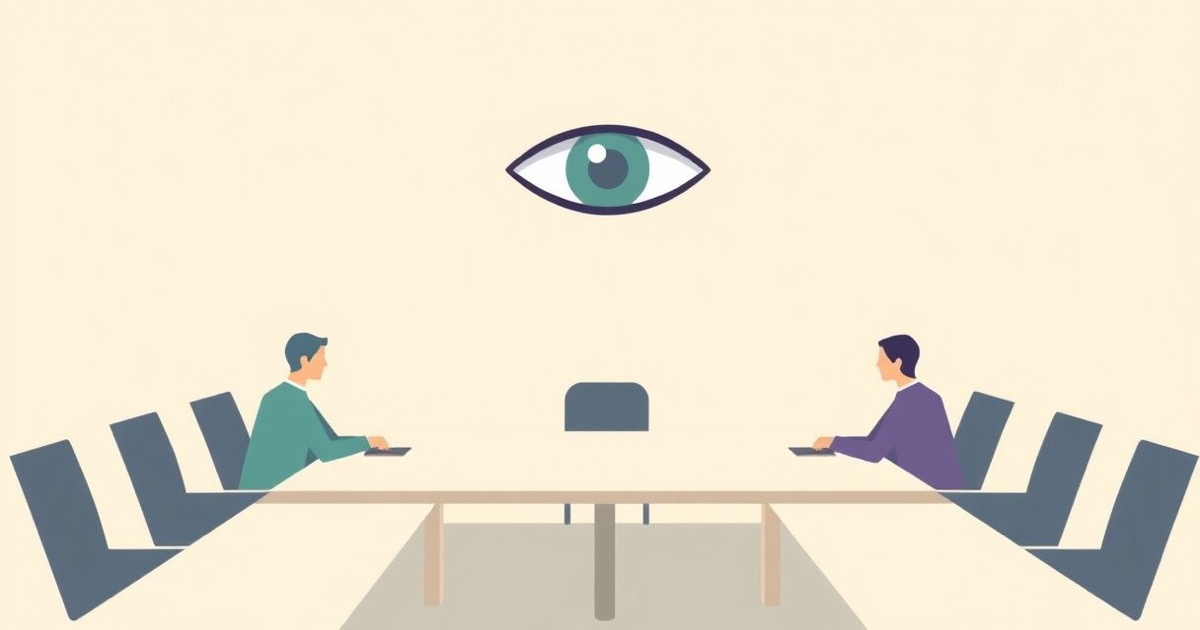 Minimalist illustration of a meeting table where an eye-shaped recording device watches the participants