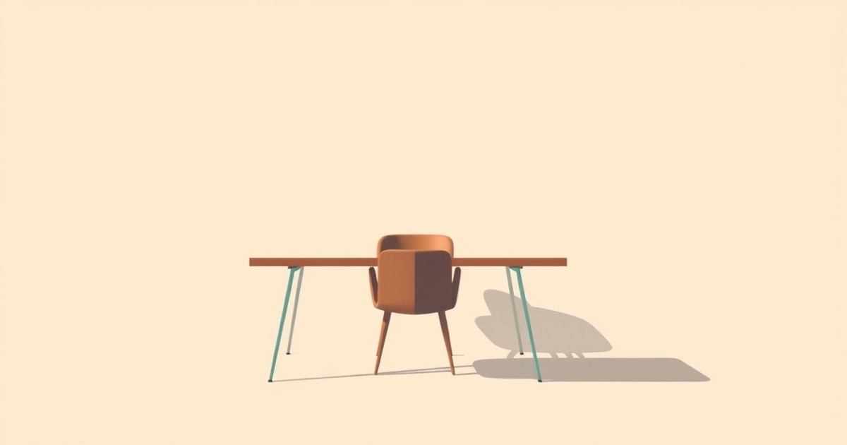 Ilustração minimalista de uma cadeira vazia numa mesa de reunião projetando uma longa sombra que escuta