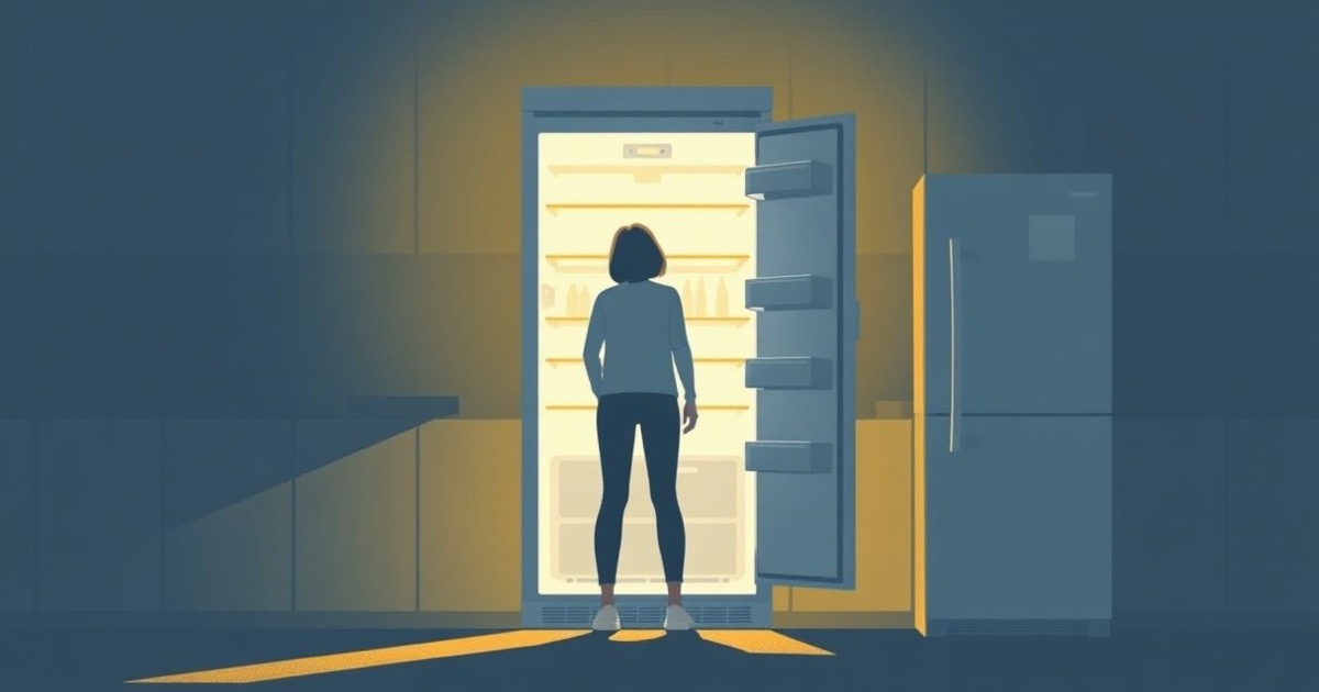 Minimalistische Illustration einer Person, die nachts im Licht eines offenen Kühlschranks steht