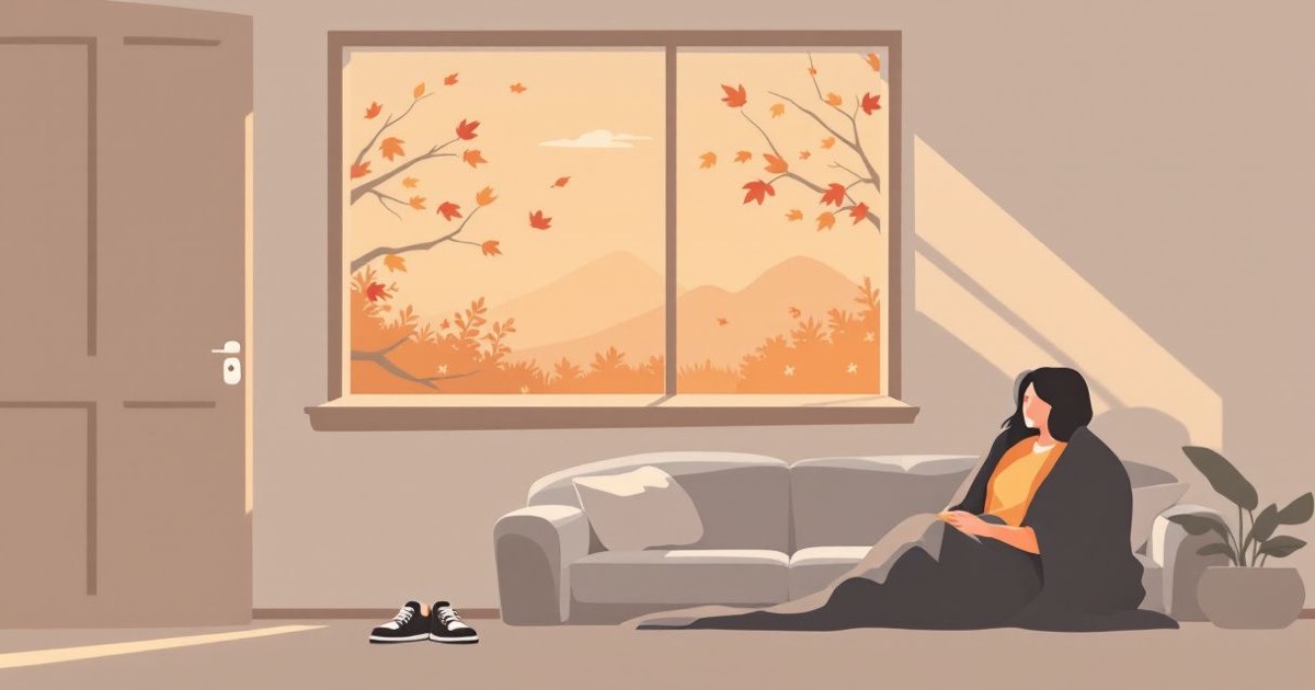 A person on a sofa under a blanket by a window with autumn leaves outside, walking shoes untouched by the door