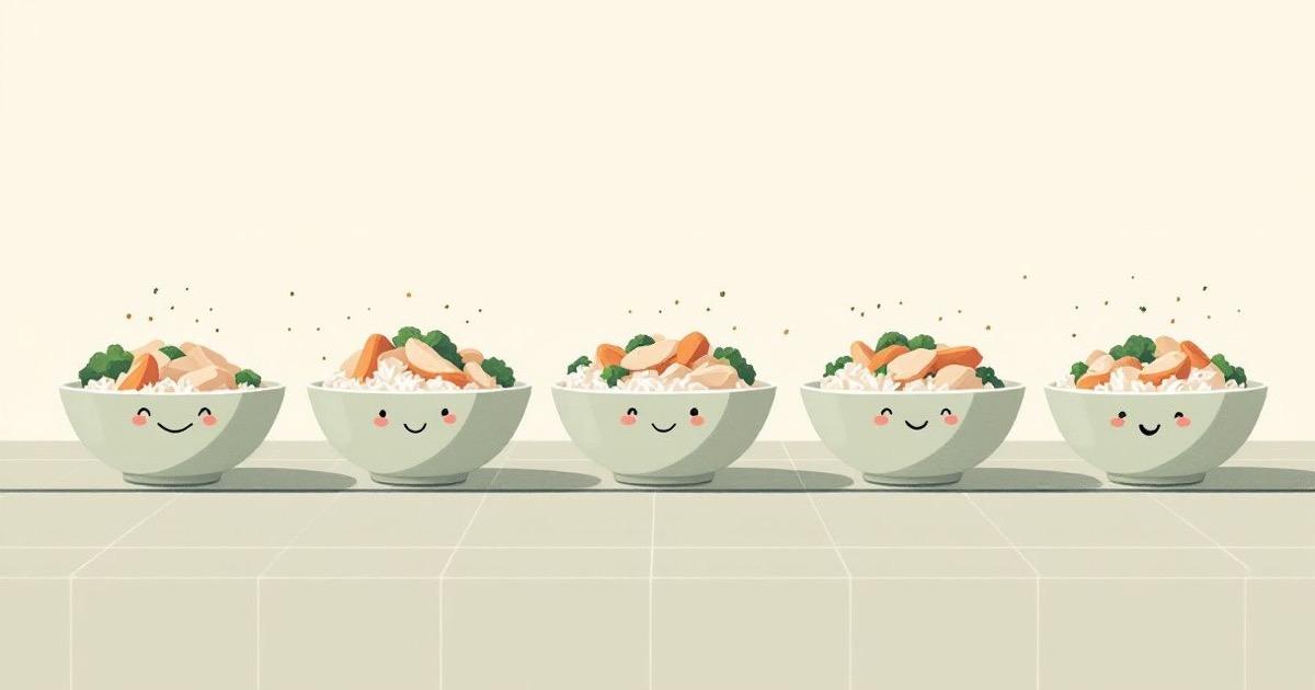 Sieben identische Mittags-Bowls mit Hähnchen, Reis und Brokkoli in einer Reihe, eine davon lächelt