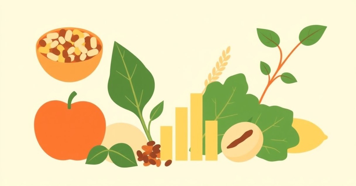 Minimalistische Illustration ballaststoffreicher Lebensmittel – Bohnen, ein Apfel, Haferflocken und Grünzeug – angeordnet um ein ansteigendes Balkendiagramm