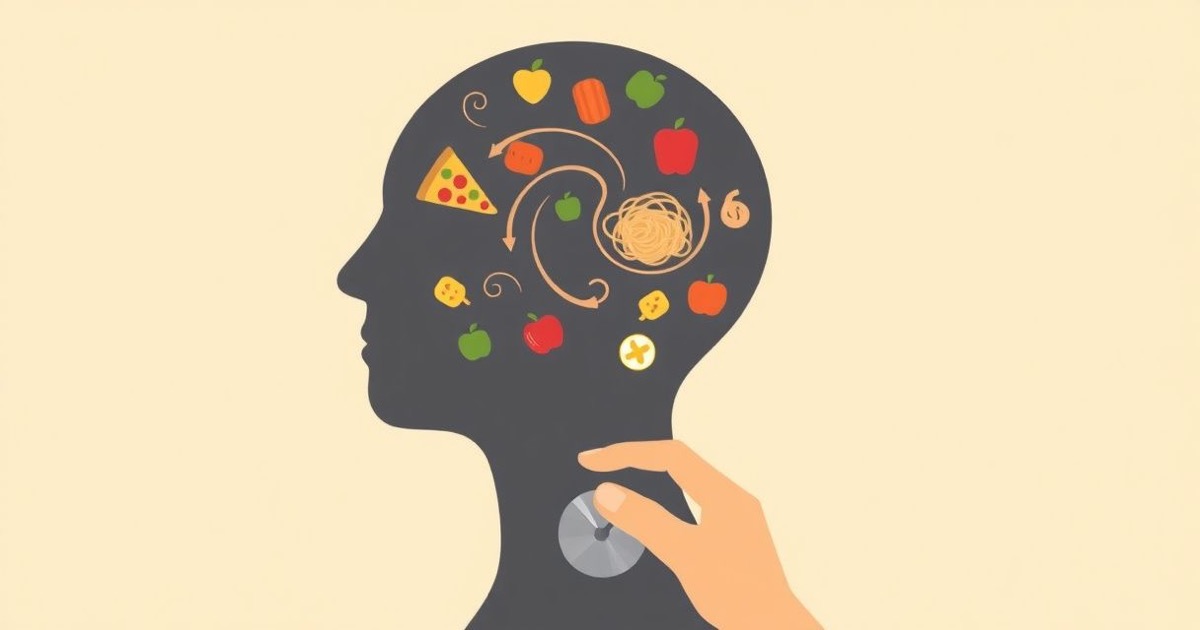 Minimalistische Illustration eines Kopfes im Profil, gefüllt mit wirbelnden Essens-Icons, mit einem kleinen Lautstärkeregler, der sie leiser dreht