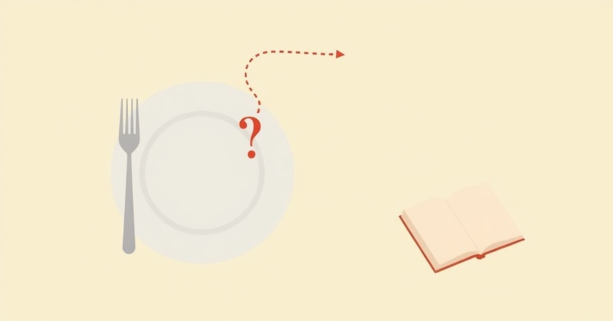 A minimalist illustration of a plate of food connected by a dotted line to a question mark over a stomach, with a small journal beside it