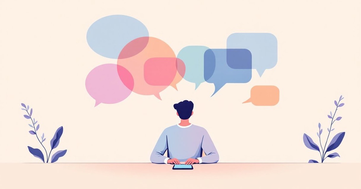 A person at a meeting table surrounded by overlapping speech bubbles, with a phone quietly recording on the table
