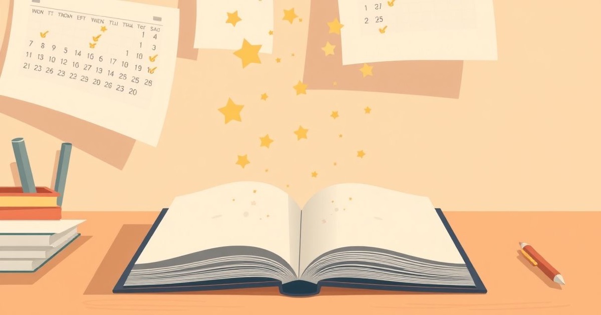 Ein aufgeschlagenes Notizbuch, das sich von selbst mit goldenen Sternen und Häkchen füllt, während die Blätter eines Kalenders dahinter verblassen