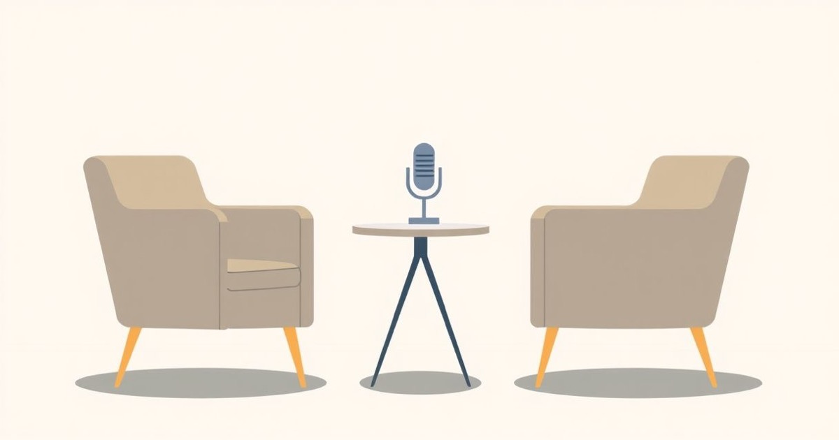 Minimalist illustration of two chairs at an interview table with a small microphone between them