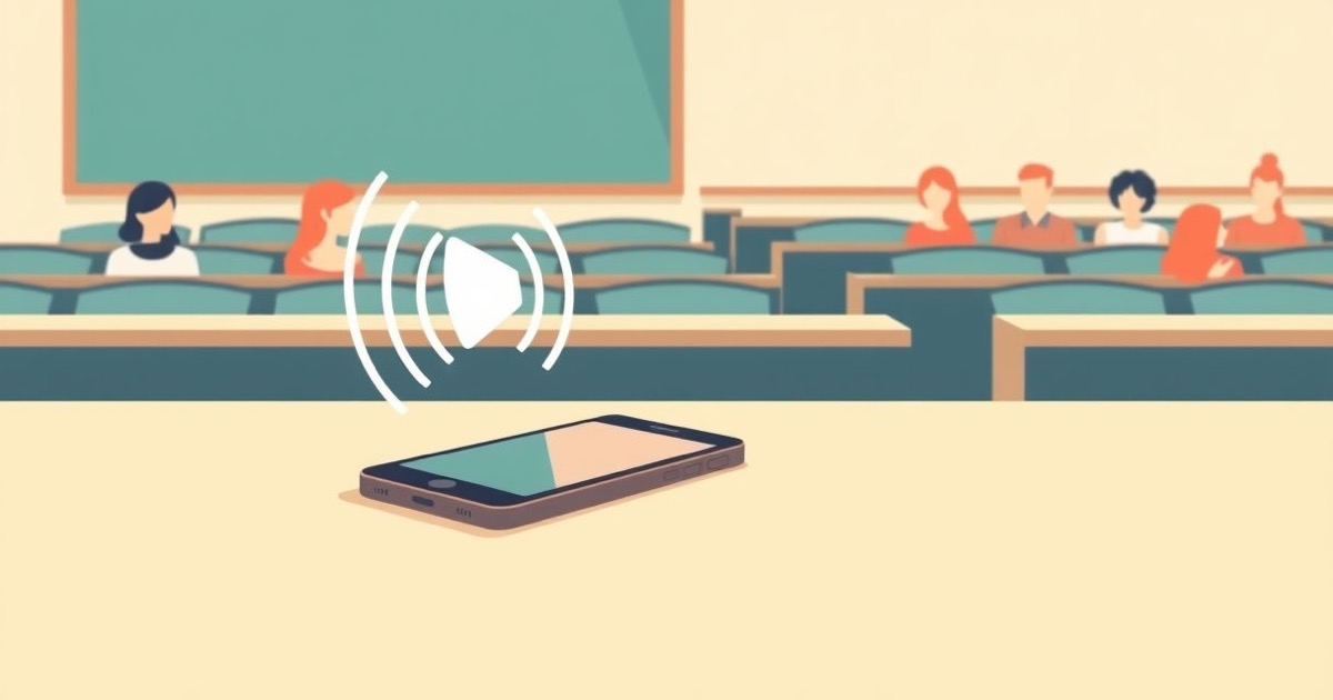 Ilustração minimalista de um smartphone gravando ondas sonoras numa sala de aula