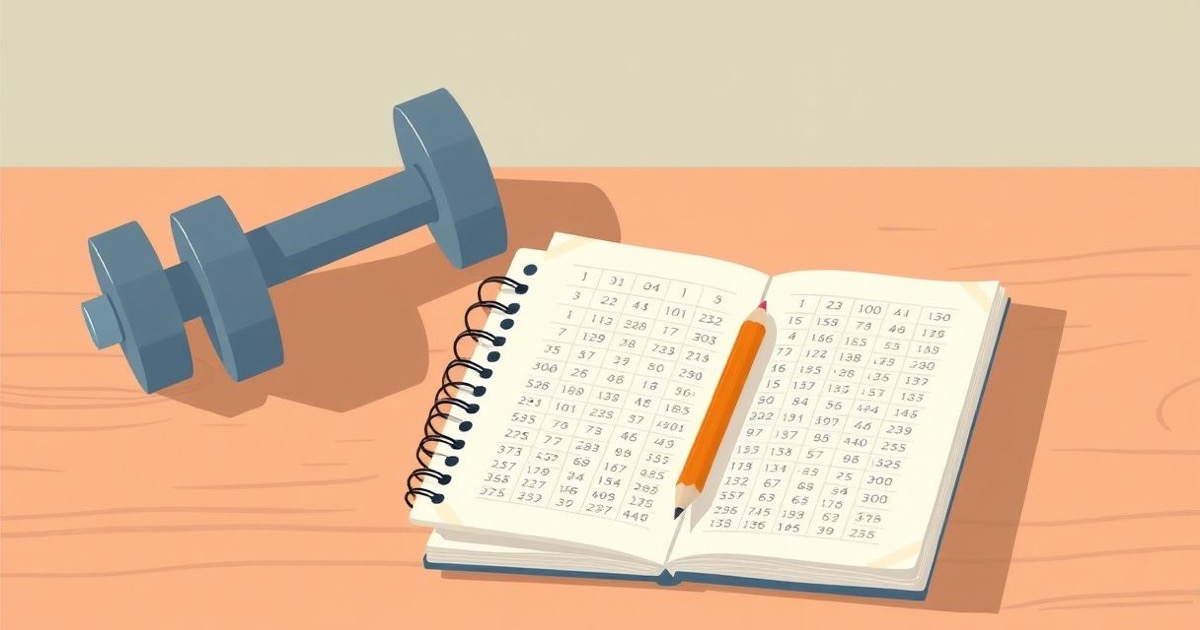 A worn spiral notebook and pencil resting on a gym bench beside a dumbbell, pages dense with handwritten numbers