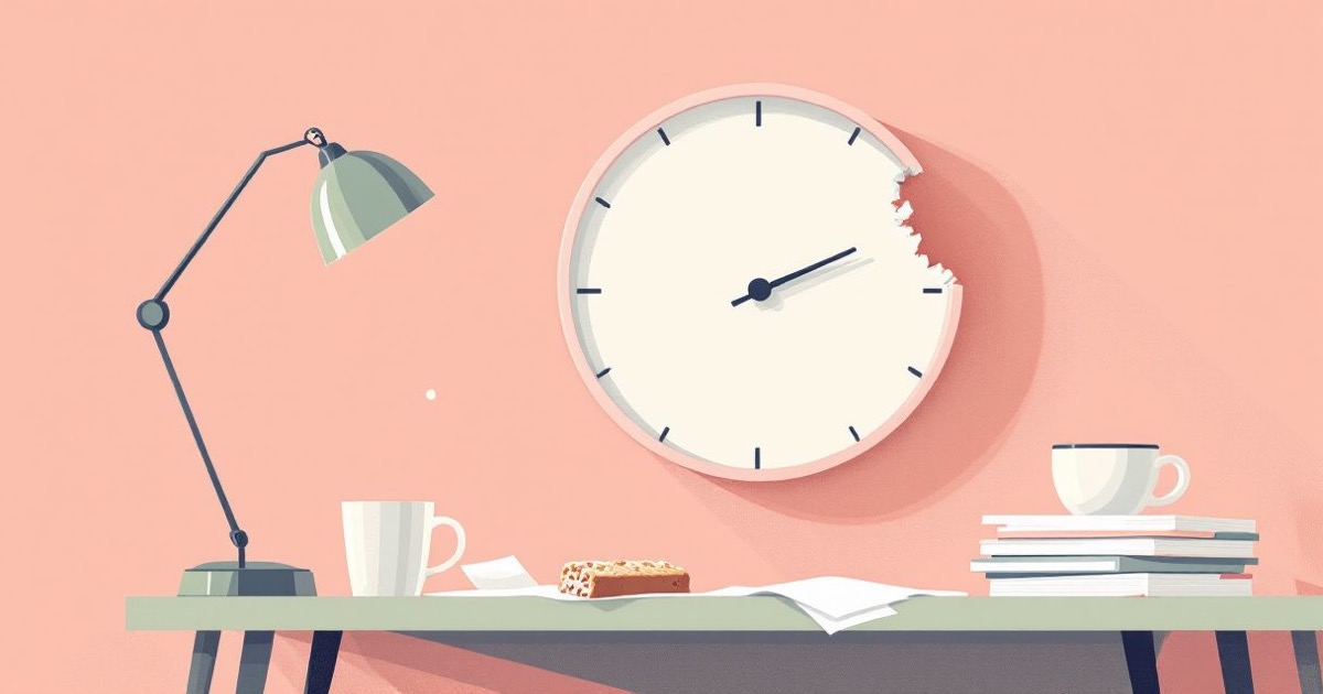 A wall clock with a bite taken out of it next to a half-eaten granola bar on a cluttered desk