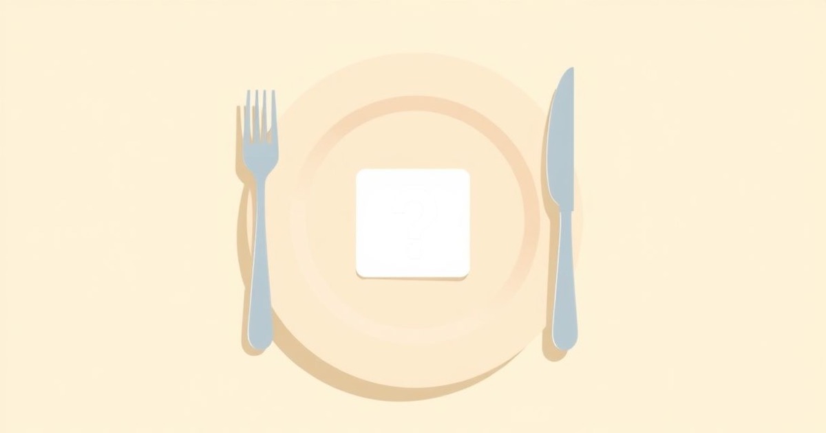 Minimalist illustration of a restaurant plate with a small question mark where the nutrition label would be