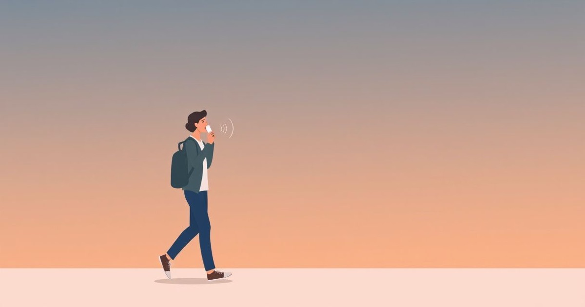 Minimalist illustration of a person walking at dusk speaking gentle sound waves into a phone