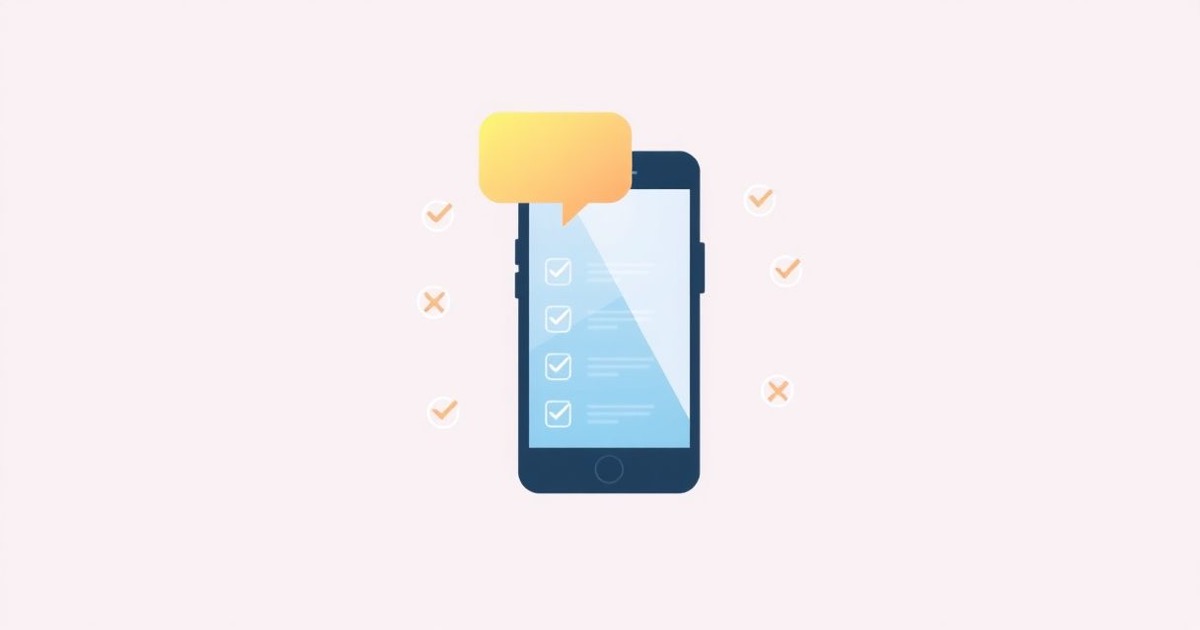 Minimalist illustration of a phone surrounded by tiny checkbox and menu icons finally sprouting a single speech bubble